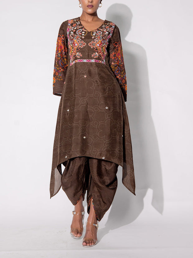 Brown Vasansi Silk Printed Kurta and Pant Set