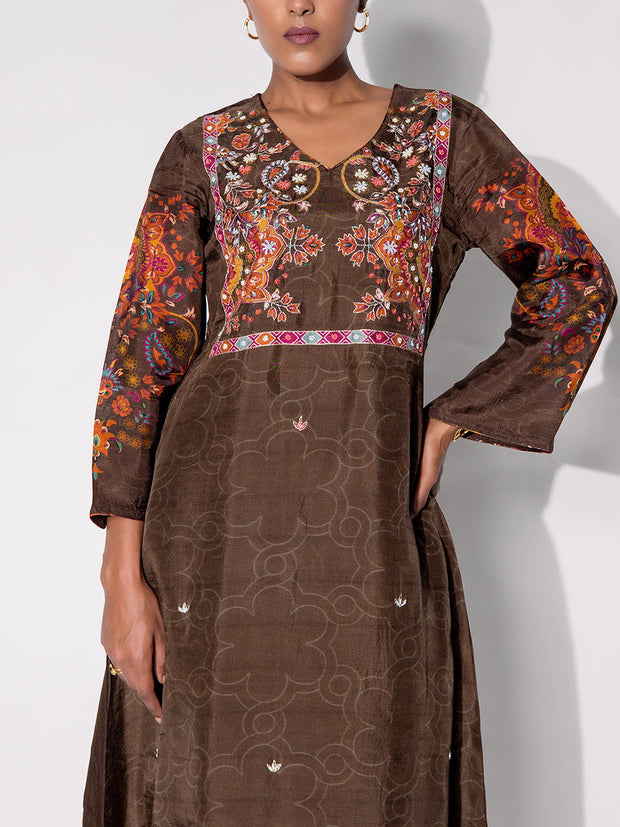 Brown Vasansi Silk Printed Kurta and Pant Set