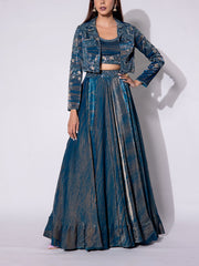Blue Embroidered Tissue Jacket and Skirt Set