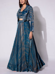 Blue Embroidered Tissue Jacket and Skirt Set