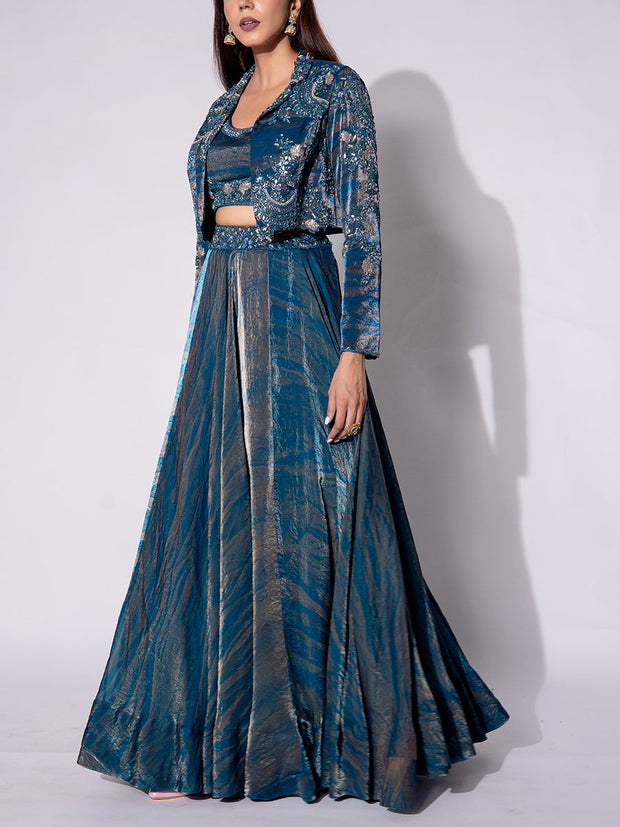 Blue Embroidered Tissue Jacket and Skirt Set