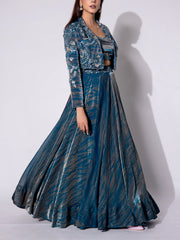 Blue Embroidered Tissue Jacket and Skirt Set