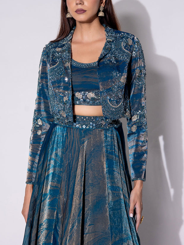 Blue Embroidered Tissue Jacket and Skirt Set