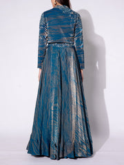 Blue Embroidered Tissue Jacket and Skirt Set