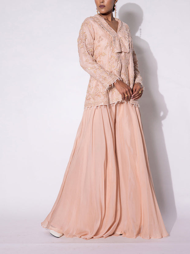 Peach Embroidered Organza Top and Sharara Set
