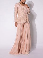 Peach Embroidered Organza Top and Sharara Set
