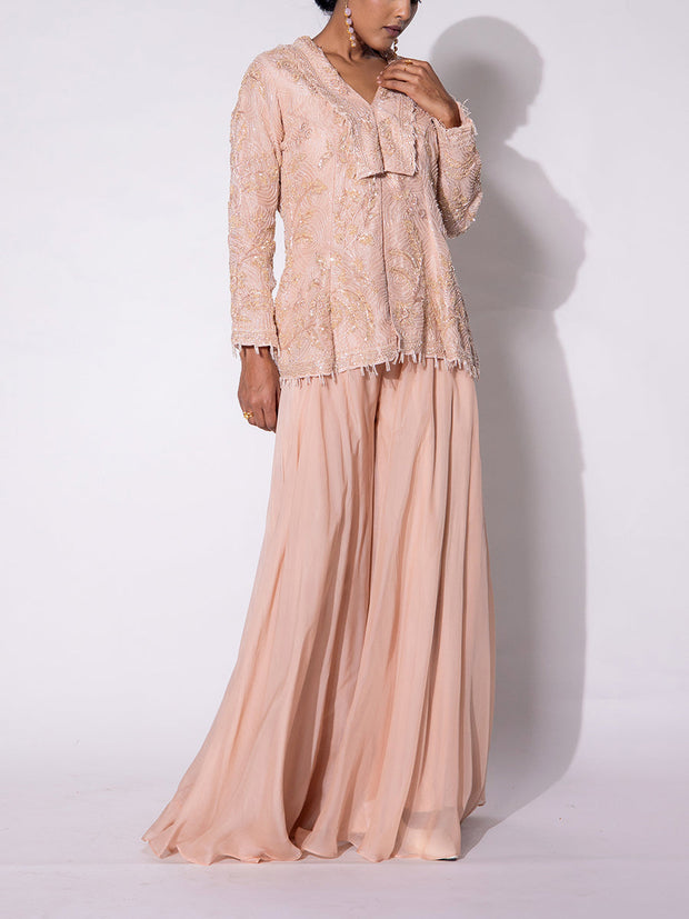 Peach Embroidered Organza Top and Sharara Set