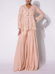 Peach Embroidered Organza Top and Sharara Set