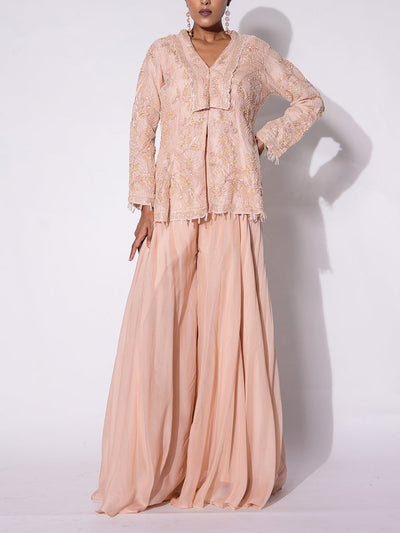 Peach Embroidered Organza Top and Sharara Set