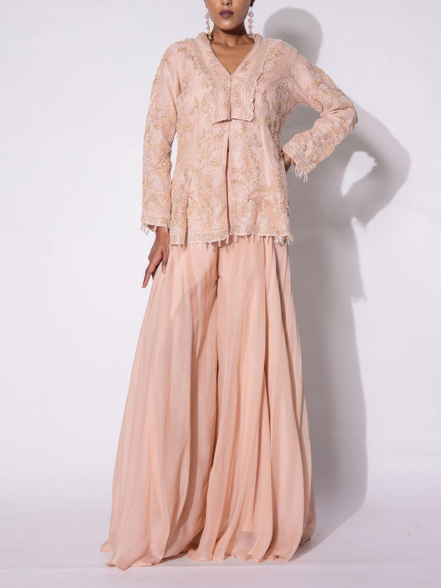 Peach Embroidered Organza Top and Sharara Set
