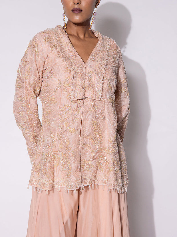 Peach Embroidered Organza Top and Sharara Set