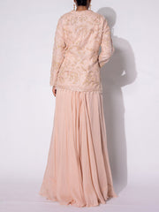 Peach Embroidered Organza Top and Sharara Set