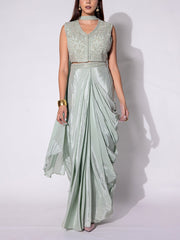 Mint Green Embroidered Drape Skirt Set