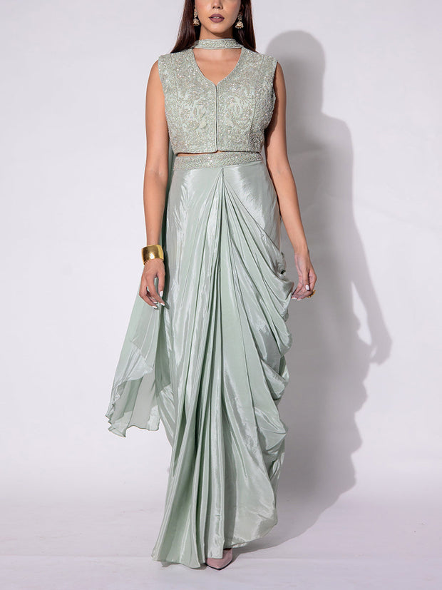 Mint Green Embroidered Drape Skirt Set
