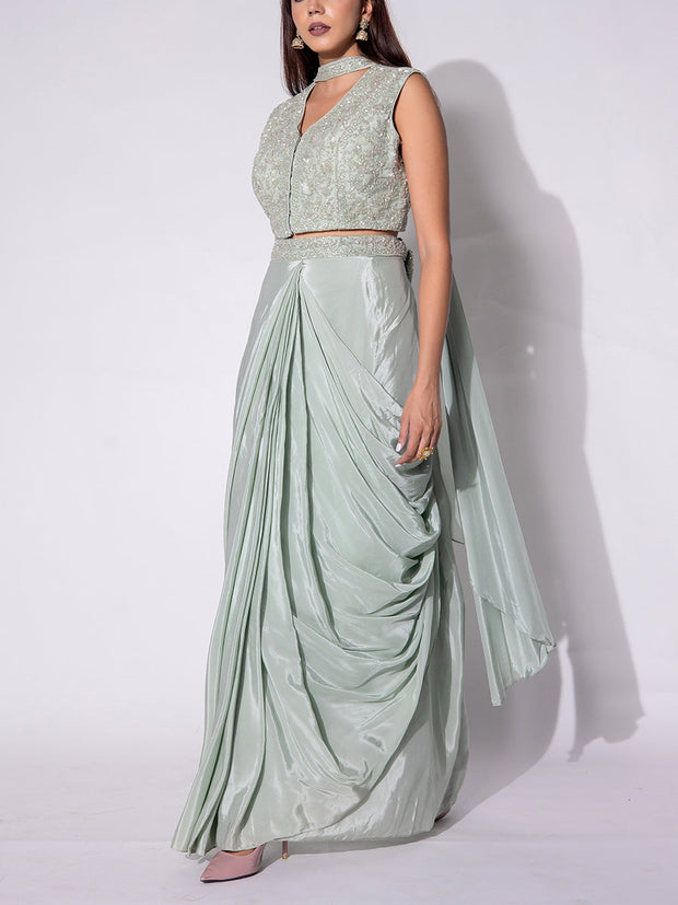 Mint Green Embroidered Drape Skirt Set