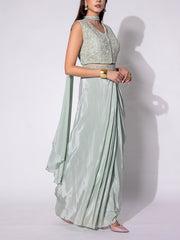 Mint Green Embroidered Drape Skirt Set