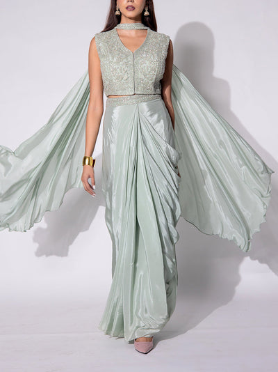 Mint Green Embroidered Drape Skirt Set