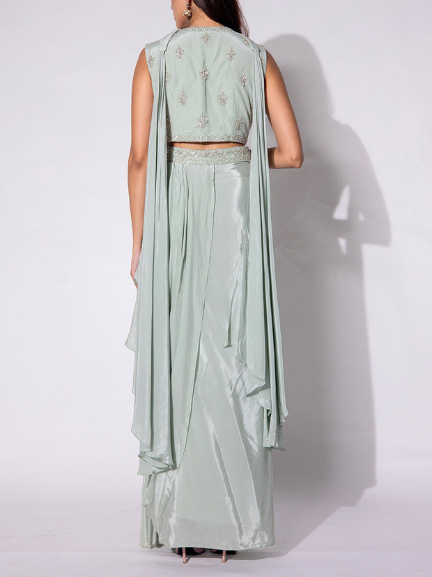 Mint Green Embroidered Drape Skirt Set