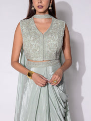 Mint Green Embroidered Drape Skirt Set