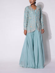 Ice Blue Embroidered Organza Jacket and Sharar Set