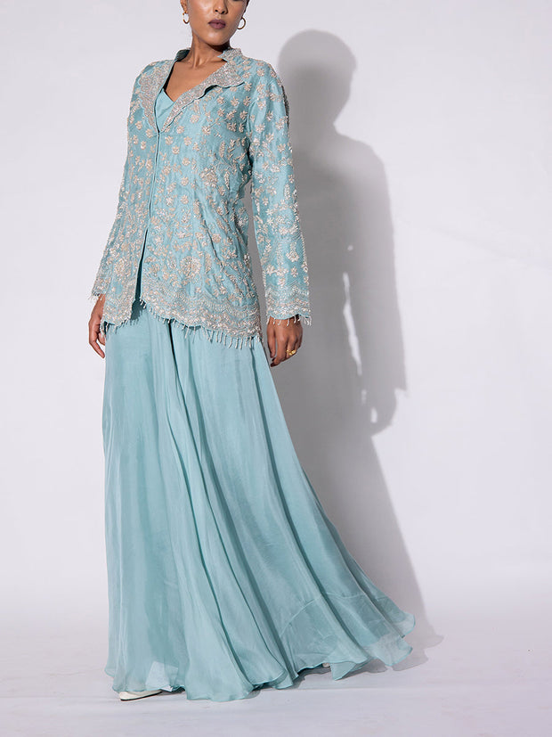 Ice Blue Embroidered Organza Jacket and Sharar Set