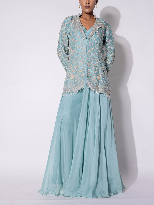 Ice Blue Embroidered Organza Jacket and Sharar Set