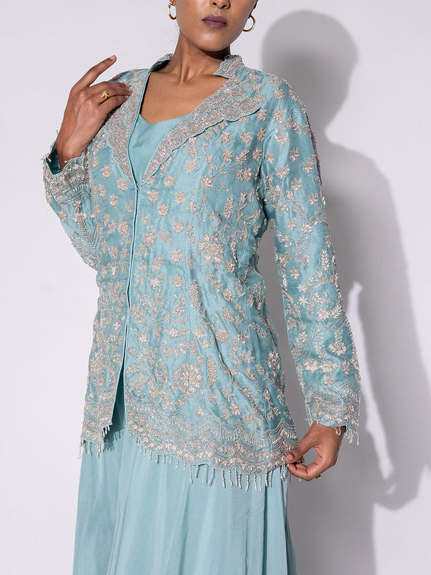 Ice Blue Embroidered Organza Jacket and Sharar Set