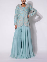 Ice Blue Embroidered Organza Jacket and Sharar Set