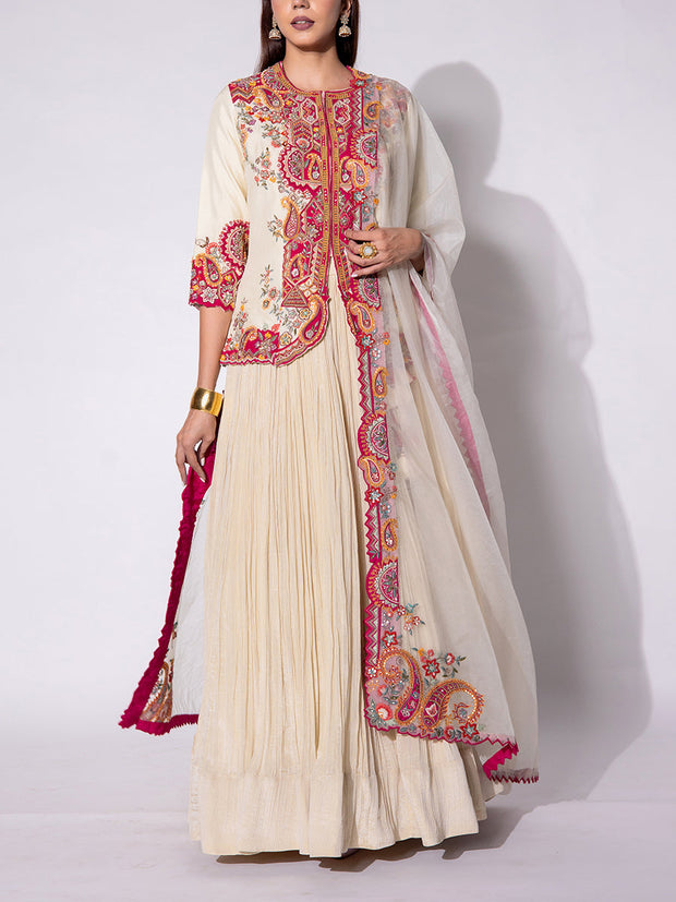 Off WhIte Embroidered Jacket and Skirt Set