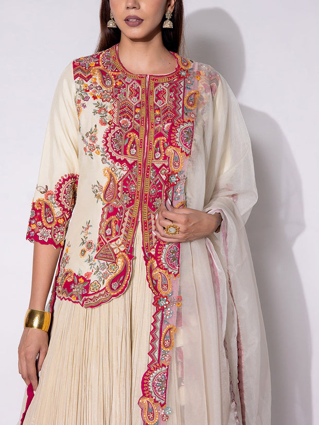 Off WhIte Embroidered Jacket and Skirt Set