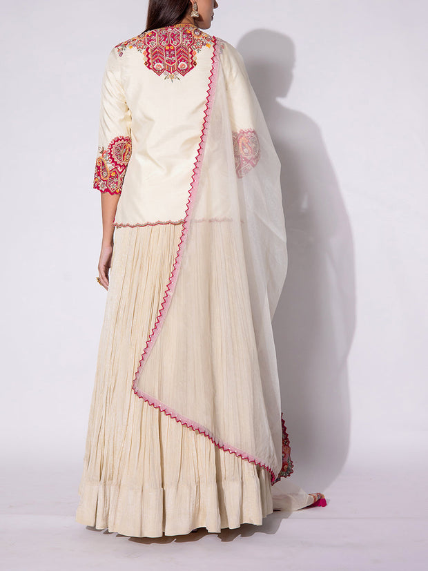 Off WhIte Embroidered Jacket and Skirt Set