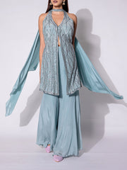 Powder Blue Halter Cape Organza  Sharara Set