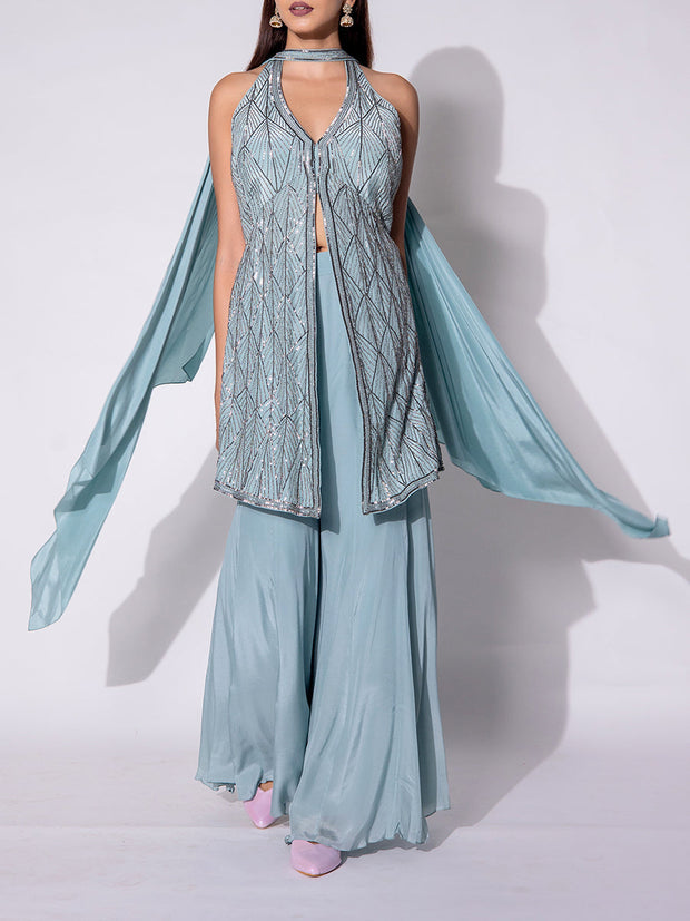 Powder Blue Halter Cape Organza  Sharara Set