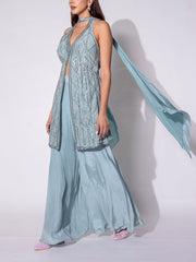 Powder Blue Halter Cape Organza  Sharara Set