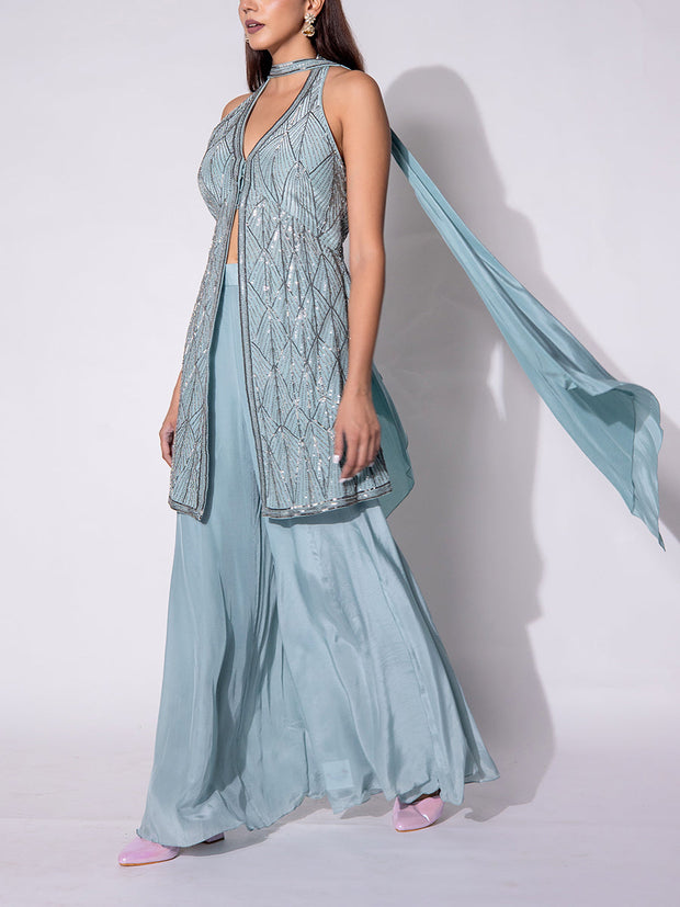 Powder Blue Halter Cape Organza  Sharara Set