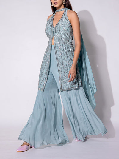 Powder Blue Halter Cape Organza  Sharara Set