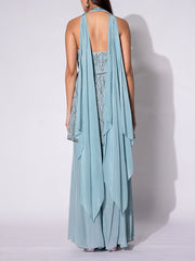 Powder Blue Halter Cape Organza  Sharara Set