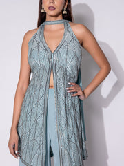 Powder Blue Halter Cape Organza  Sharara Set