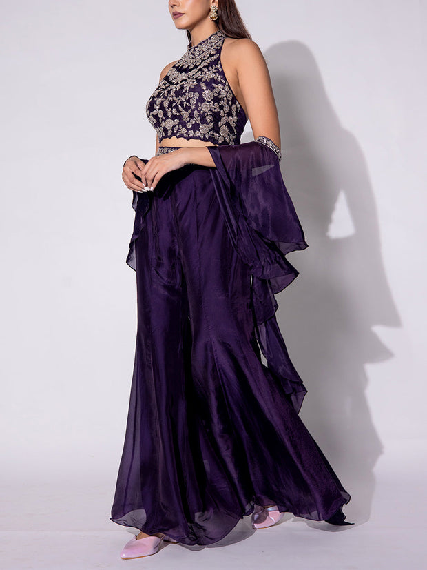 Violet Embroidered Halter Top and Sharara Set
