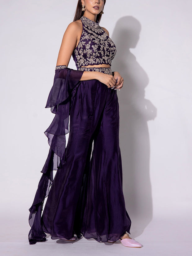Violet Embroidered Halter Top and Sharara Set