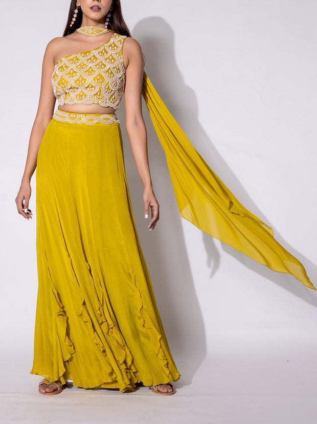 Mehendi Green One shoulder Top and Palazzo Set