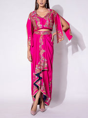 Pink Embroidered Silk Jacket and Drape Skirt Set