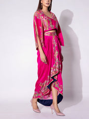 Pink Embroidered Silk Jacket and Drape Skirt Set