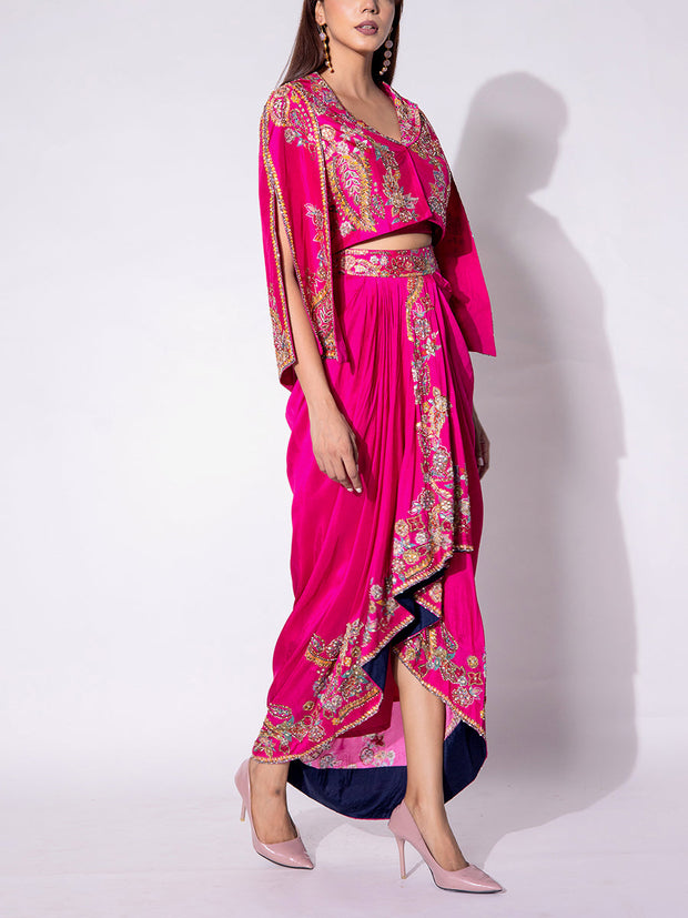 Pink Embroidered Silk Jacket and Drape Skirt Set