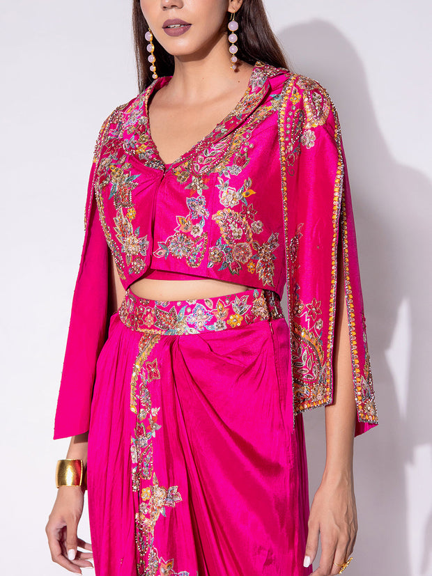 Pink Embroidered Silk Jacket and Drape Skirt Set