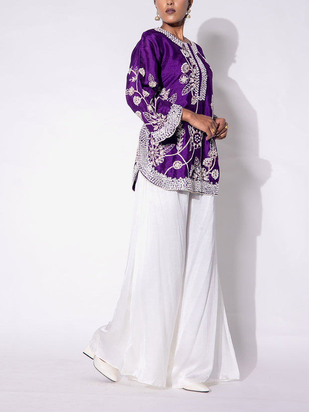 Purple and White Embroidered Top and Palazzo Set