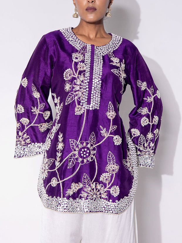 Purple and White Embroidered Top and Palazzo Set