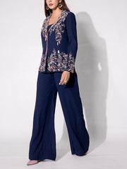 Navy Blue Embroidered Jacket and Pant Set