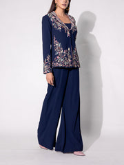 Navy Blue Embroidered Jacket and Pant Set