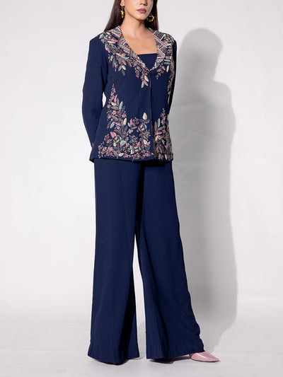 Navy Blue Embroidered Jacket and Pant Set
